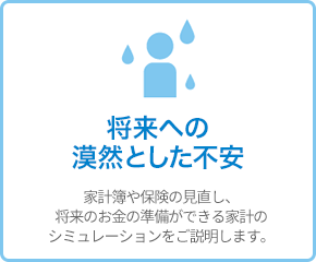 将来への漠然として不安 - 家計簿や保険の見直し、将来のお金の準備ができる家計のシミュレーションをご説明します。 将来への漠然として不安 - 家計簿や保険の見直し、将来のお金の準備ができる家計のシミュレーションをご説明します。